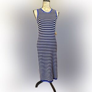 Michael Kors Navy and White Striped Maxi Dress with Electric Blue Trim